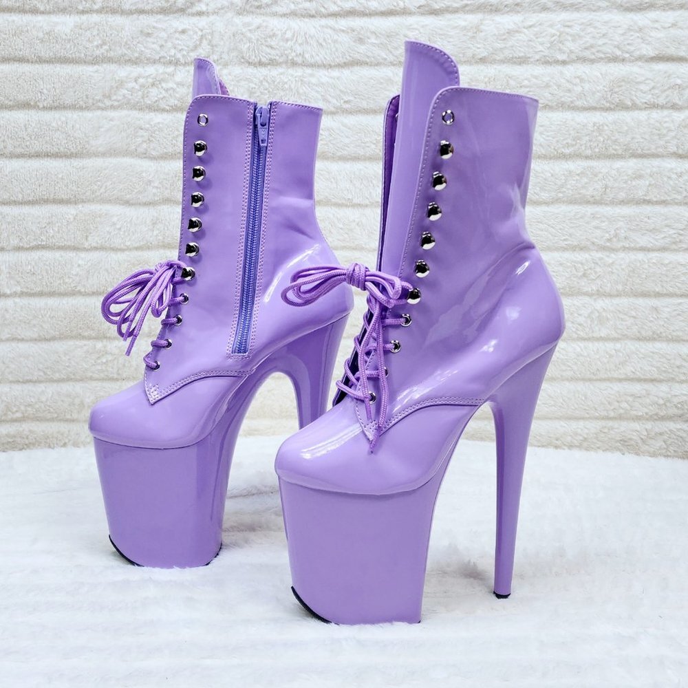 Lavender Lilac Purple Patent Platform 8" Heel Lace Up Ankle Boots Flamingo